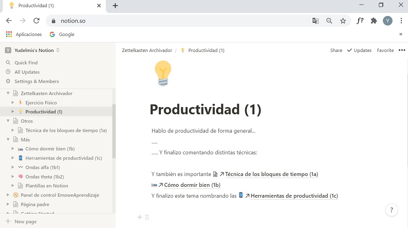 Método Zettelkasten en Notion - Notas citadas en nota productividad