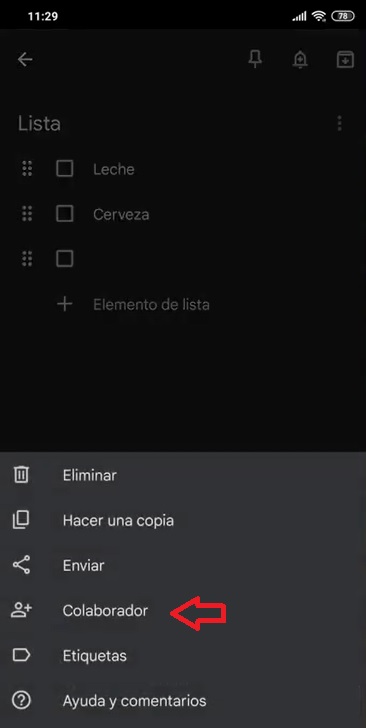 Opción Colaborador - Google Keep