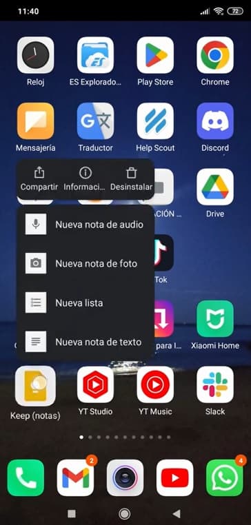 Icono de Google Keep con las opciones para crear notas rápidas