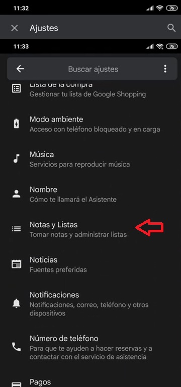 Opción Notas y Listas