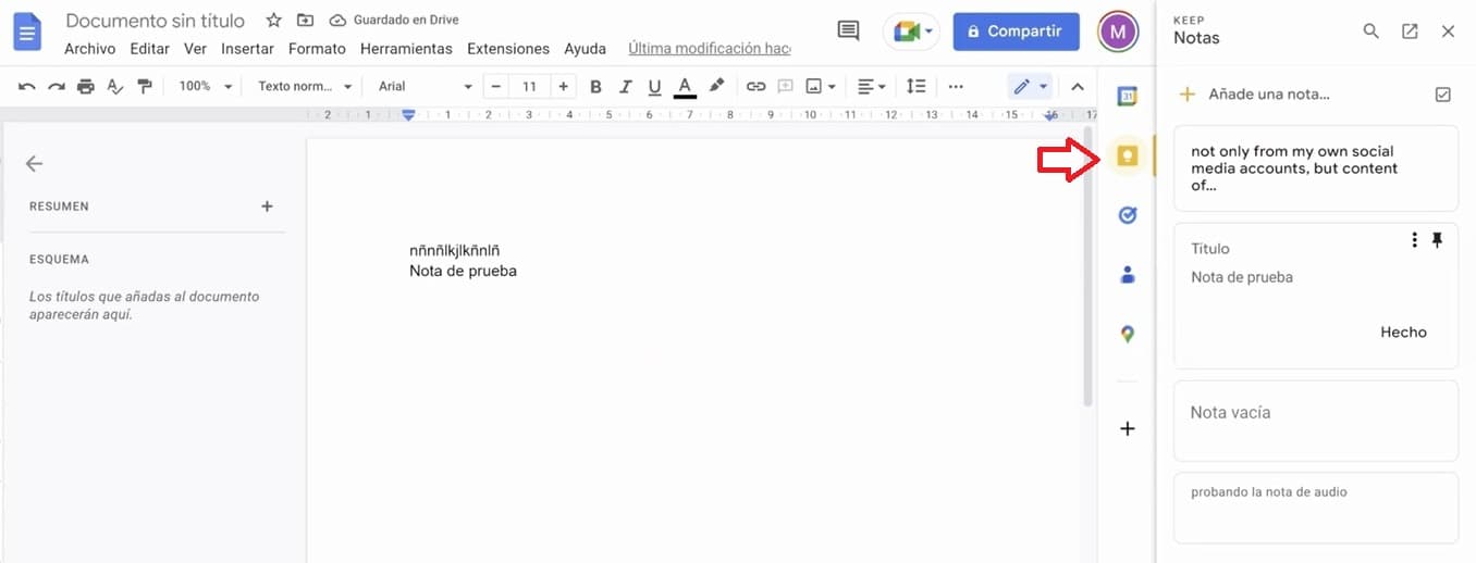 Nota creada en Google Keep copiada a Google Doc