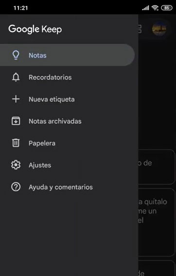 Opciones del menú de Google Keep en movil.