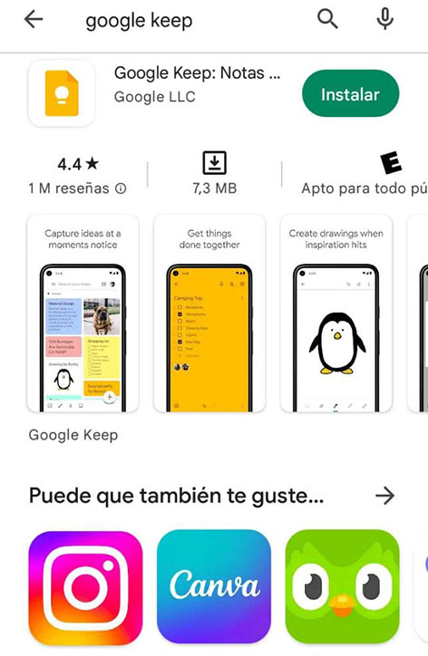 Pantalla para instalar Google Keep en móvil