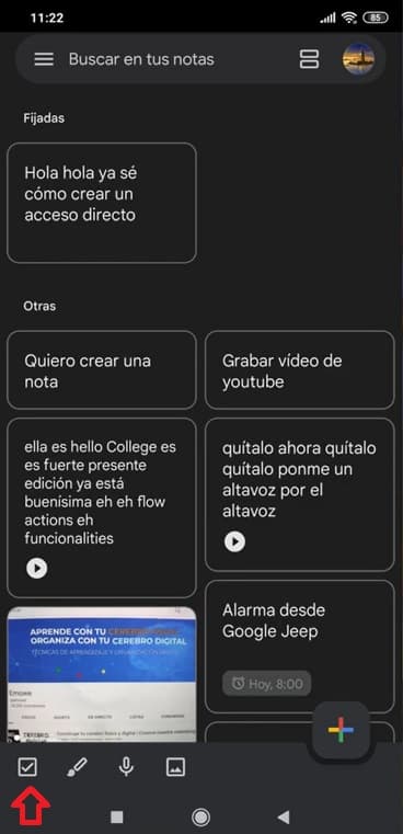 Botón para crear las notas tipo listas - Google Keep