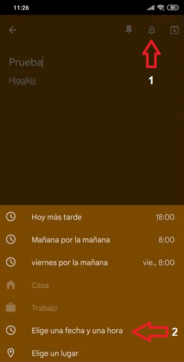 Opciones para crear recordatorios - Google Keep.