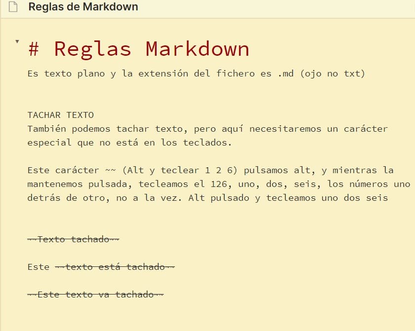 Vista de edición texto tachado con Markdown